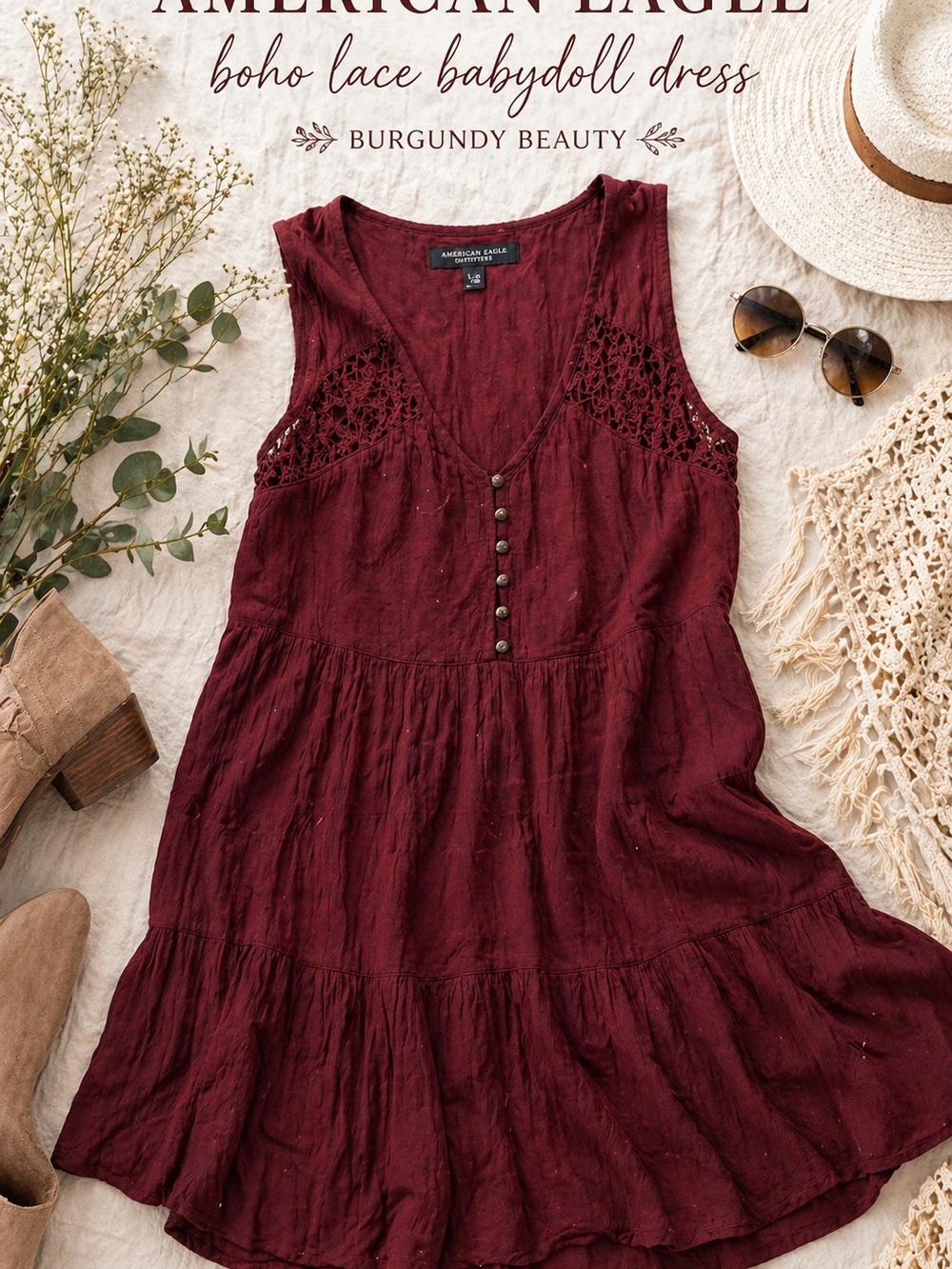 American Eagle Burgundy Boho Lace Back Tiered Babydoll Tunic Dress Large